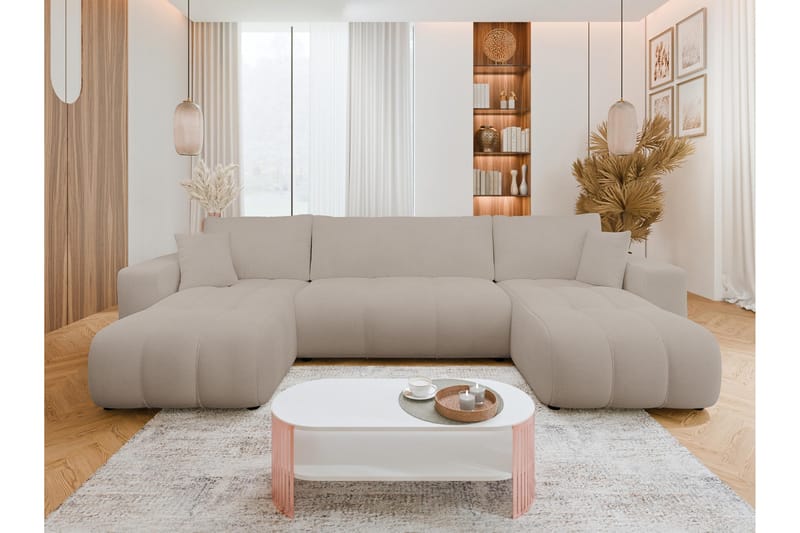 Flo Bäddsoffa Dubbeldivan 4-sits i Plysch - Beige - Möbler - Vardagsrum - Bäddsoffor - U bäddsoffa