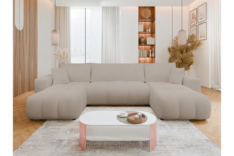 Flo Bäddsoffa Dubbeldivan 4-sits i Plysch - Beige - Möbler - Vardagsrum - Bäddsoffor - U bäddsoffa