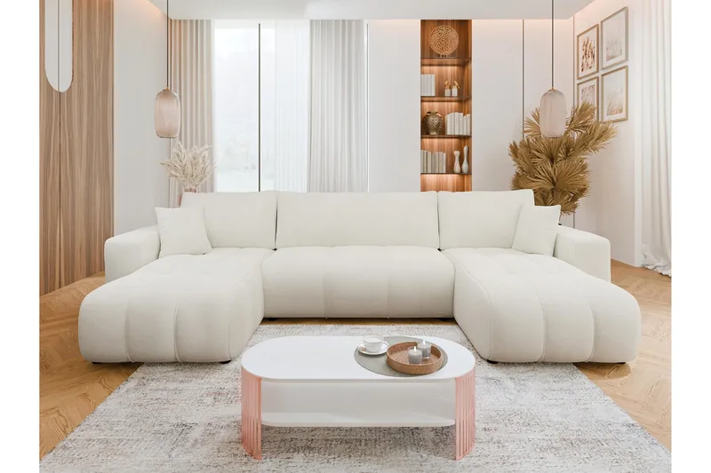 Flo Bäddsoffa Dubbeldivan 4-sits i Plysch - Vit - Möbler - Vardagsrum - Bäddsoffor - U bäddsoffa