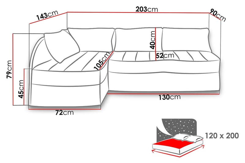 FRESTELSENS Bäddsoffa 203x143x79 cm - Svart/Röd/Vit - Bäddsoffor