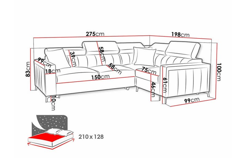 Galbally 3-sits Hörnbäddsoffa Mörkrosa - Möbler - Vardagsrum - Bäddsoffor - Hörnbäddsoffa