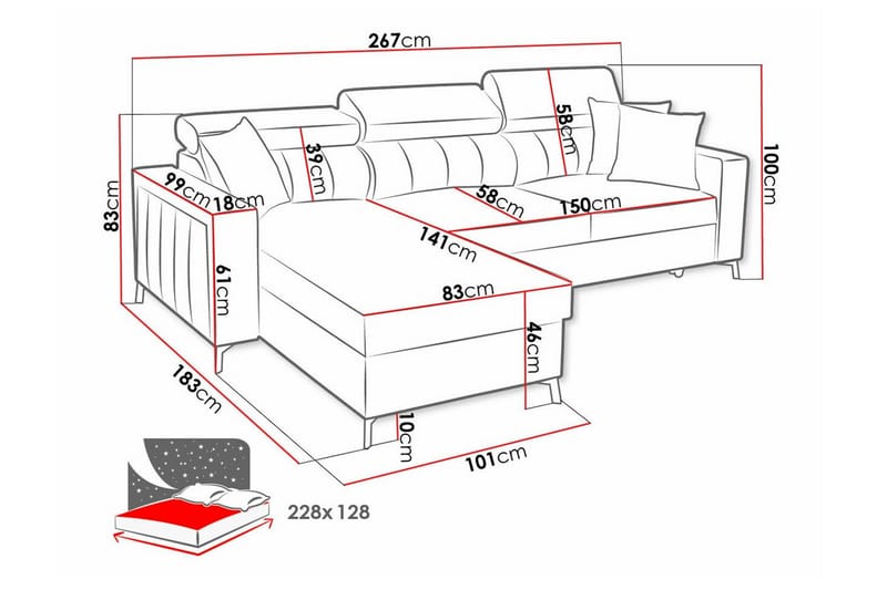 Galbally 3-sits Hörnbäddsoffa Rosa - Möbler - Vardagsrum - Bäddsoffor - Hörnbäddsoffa