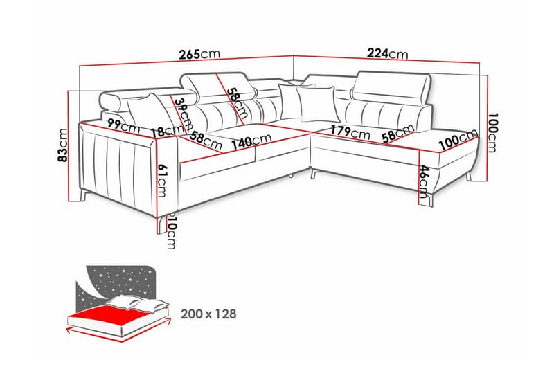 Galbally 3-sits Hörnbäddsoffa Rosa - Hörnbäddsoffa - Bäddsoffor