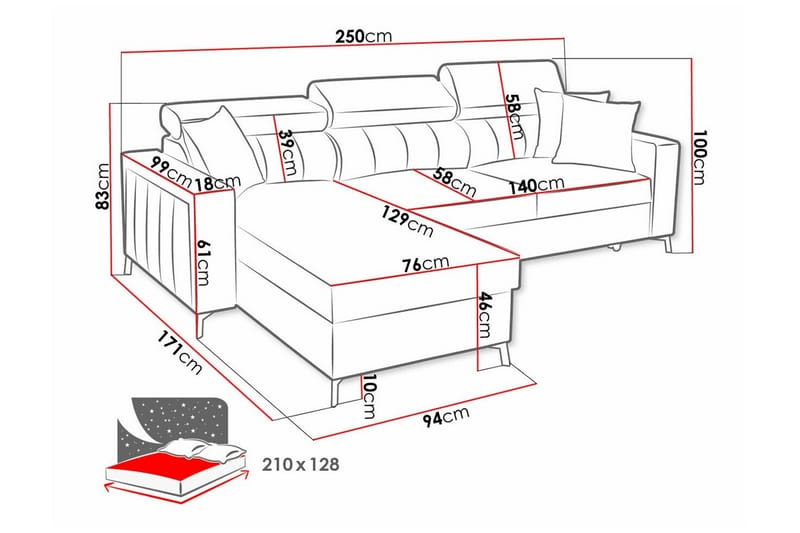 Galbally 3-sits Hörnbäddsoffa Rosa/Brun - Möbler - Vardagsrum - Bäddsoffor - Hörnbäddsoffa