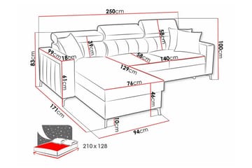Galbally 3-sits Hörnbäddsoffa Vänster 250x171 cm med Förvaring i Sammet - Ljusrosa - Möbler - Vardagsrum - Bäddsoffor