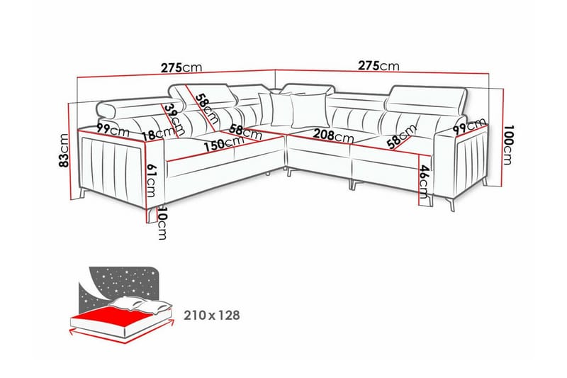 Galbally 4-sits Hörnbäddsoffa NO_BRAND Pink - Möbler - Vardagsrum - Bäddsoffor - Hörnbäddsoffa