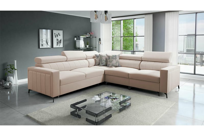 Galbally 4-sits Längsbäddad Bäddsoffa 128x210 cm med Förvaring i Sammet - Beige - Möbler - Vardagsrum - Bäddsoffor - Hörnbäddsoffa