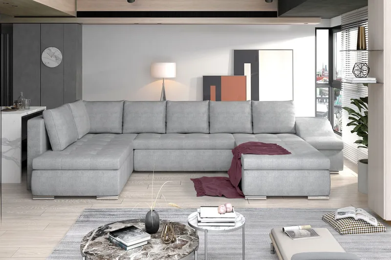 Govana 5-sits Högervänd U-formad Bäddsoffa 120x295 cm med Förvaring i Tyg, Grå