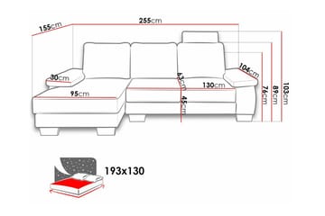Graystone 3-sits Vänster Hörnbäddsoffa 130x193 cm med Förvaring i Tyg - Grå - Möbler - Vardagsrum - Bäddsoffor
