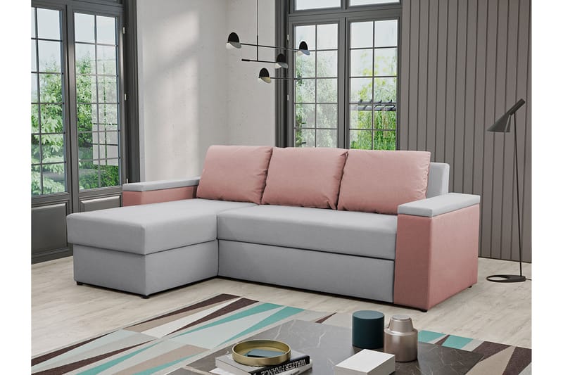 HERVAS 3-sits Bäddsoffa med Divan med Förvaring Grå/Rosa - Möbler - Vardagsrum - Bäddsoffor