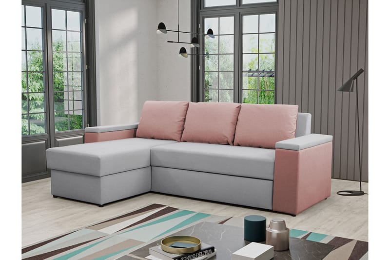 HERVAS 3-sits Bäddsoffa med Divan med Förvaring Grå/Rosa - Bäddsoffor - Bäddsoffa divan