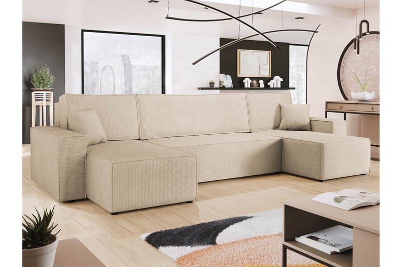 Hobson Bäddsoffa Dubbeldivan 4-sits i Plysch - Beige - Möbler - Vardagsrum - Bäddsoffor - U bäddsoffa