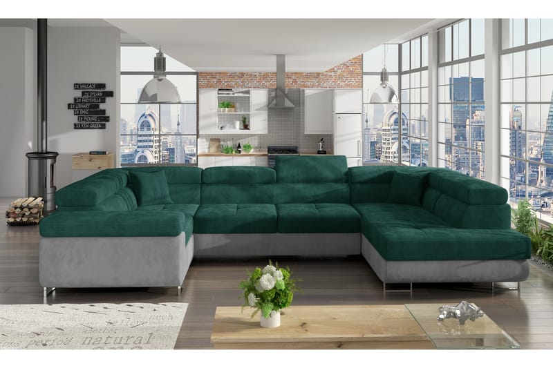 ARANZAZU Hörnbäddsoffa Grön/Grå - Möbler - Vardagsrum - Bäddsoffor - Hörnbäddsoffa