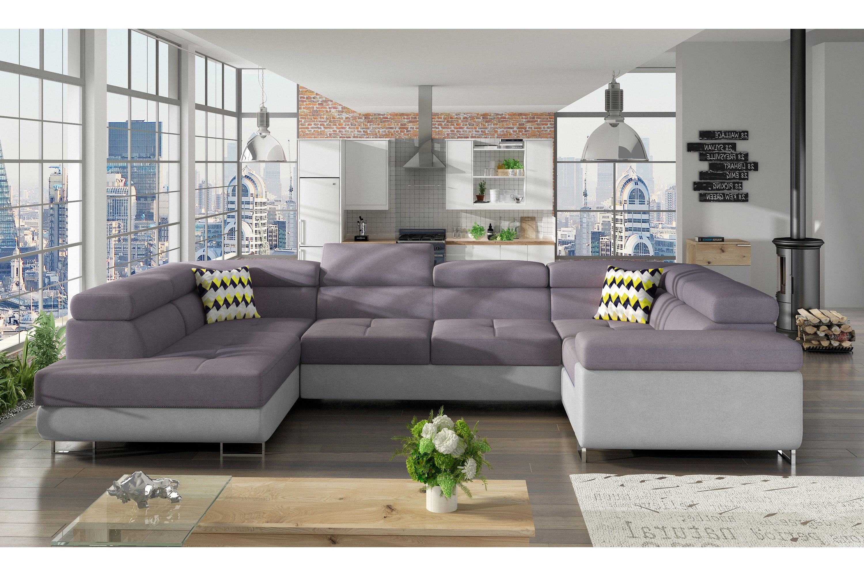 aranzazu hörnbäddsoffa lila/grå -