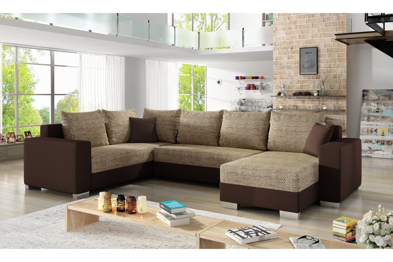 CABIA Hörnbäddsoffa med Divan Beige/Brun - Möbler - Vardagsrum - Bäddsoffor - Hörnbäddsoffa