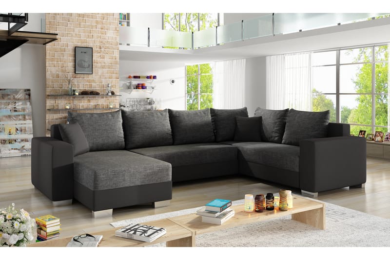 CABIA Hörnbäddsoffa med Divan Grå/Svart - Möbler - Vardagsrum - Bäddsoffor - Hörnbäddsoffa