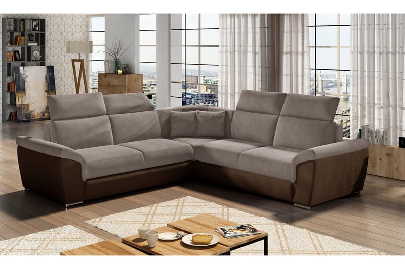 Isakke 4-sits Hörnbäddsoffa 120x200 cm i Tyg, Gråbeige med Konstläderunderrede