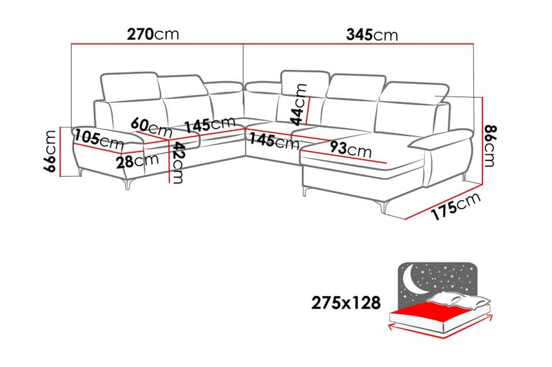 Karkula Höger Hörnbäddsoffa Bäddbar 128x275 cm med Förvaring i Tyg - Vit|Svart - Möbler - Vardagsrum - Bäddsoffor - Hörnbäddsoffa