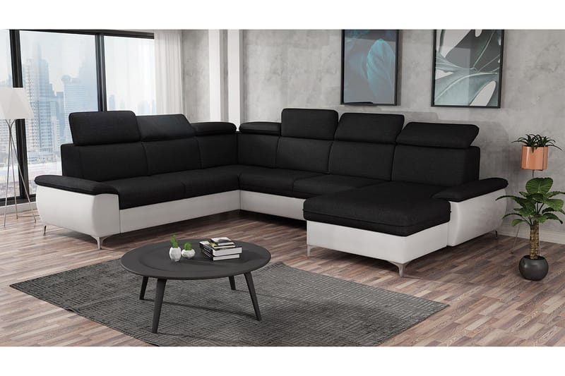 Karkula Höger Hörnbäddsoffa Bäddbar 128x275 cm med Förvaring i Tyg - Vit|Svart - Möbler - Vardagsrum - Bäddsoffor - Hörnbäddsoffa