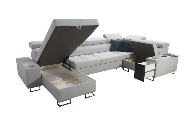 Morenia 4-sits Högervänd Bäddsoffa 127x258 cm med Förvaring i Sammet - Ljusgrå - Möbler - Vardagsrum - Bäddsoffor - Hörnbäddsoffa