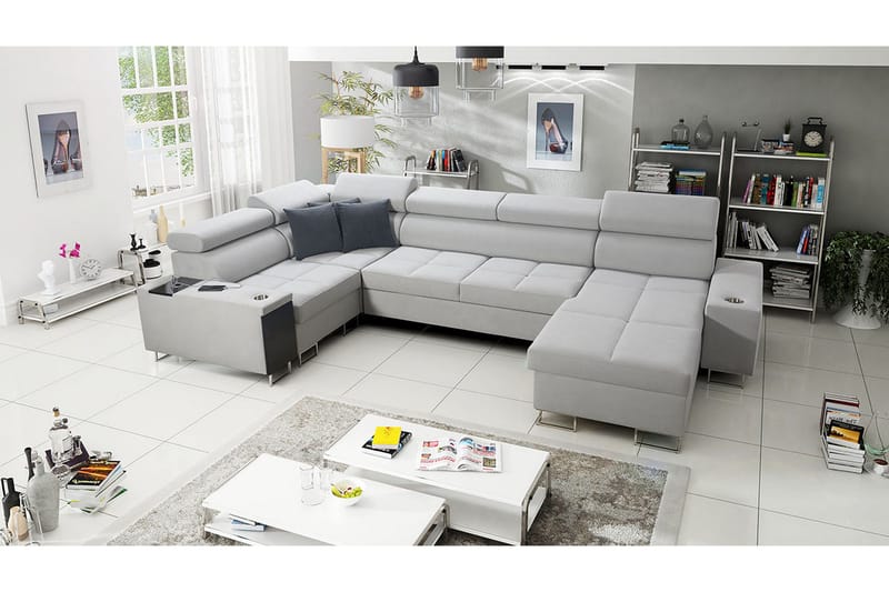 Morenia 4-sits Högervänd Bäddsoffa 127x258 cm med Förvaring i Sammet - Ljusgrå - Möbler - Vardagsrum - Bäddsoffor - Hörnbäddsoffa