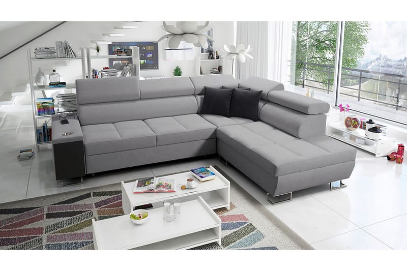 Morenia Högervänd Bäddsoffa 127x210 cm med Förvaring i Tyg - Grå - Möbler - Vardagsrum - Bäddsoffor