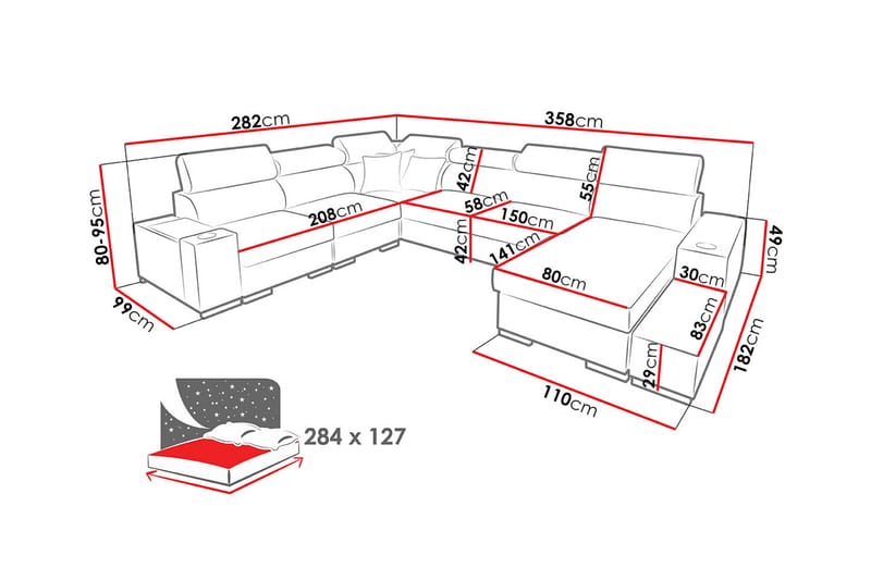 Perseo Divanbäddsoffa 358x282x95 cm LED-belysning - Grå/Vit - Möbler - Vardagsrum - Bäddsoffor - Hörnbäddsoffa