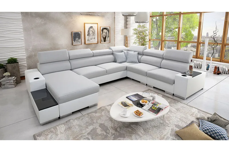Perseo Divanbäddsoffa 358x282x95 cm LED-belysning - Grå/Vit - Möbler - Vardagsrum - Bäddsoffor - Hörnbäddsoffa