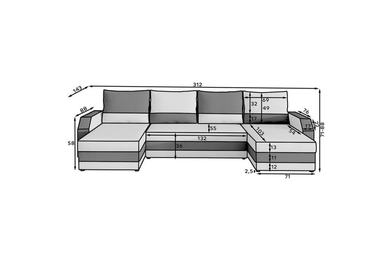 Hörnsoffa Eltap Marion 312x143x88 cm - Alova 36, Alova 04, Grå, Svart - Möbler - Vardagsrum - Bäddsoffor - U bäddsoffa