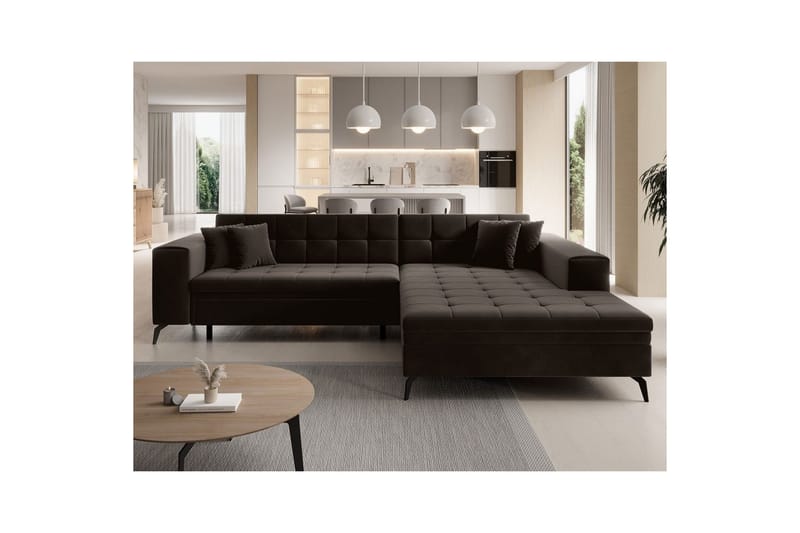 Hörnsoffa Eltap Solange 292x196x84 cm - Mat Velvet 29, Mörkbrun, Höger - Möbler - Vardagsrum - Bäddsoffor