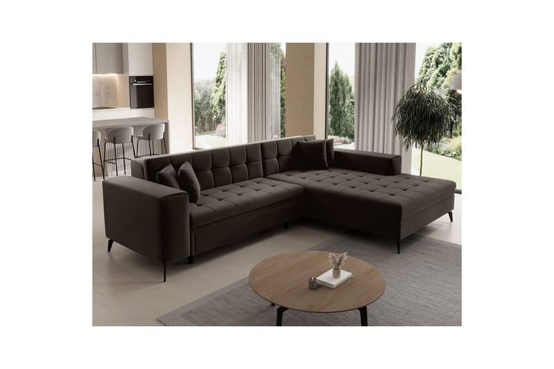 Hörnsoffa Eltap Solange 292x196x84 cm - Mat Velvet 29, Mörkbrun, Höger - Möbler - Vardagsrum - Bäddsoffor