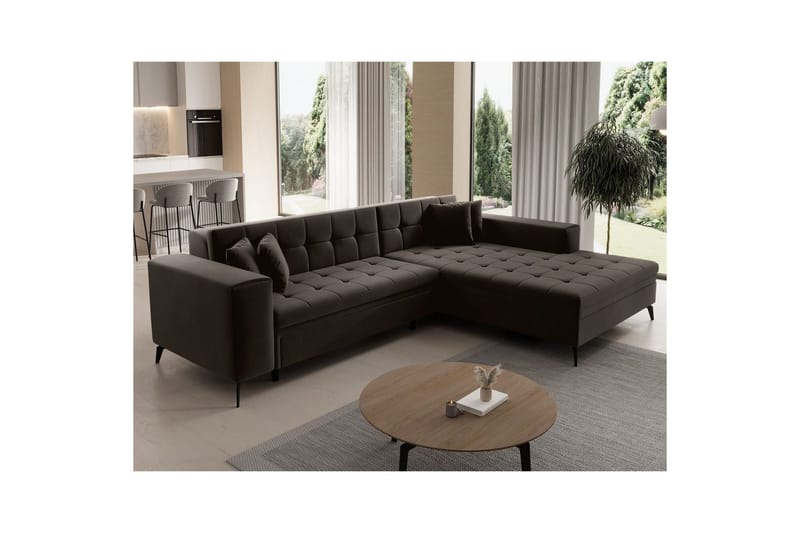 Hörnsoffa Eltap Solange 292x196x84 cm - Mat Velvet 29, Mörkbrun, Höger - Möbler - Vardagsrum - Bäddsoffor
