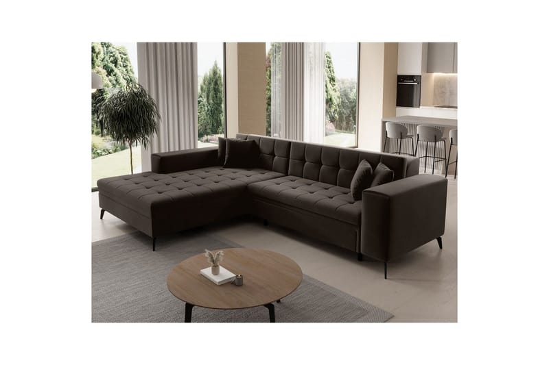 Hörnsoffa Eltap Solange 292x196x84 cm - Mat Velvet 29, Mörkbrun, Vänster - Möbler - Vardagsrum - Bäddsoffor