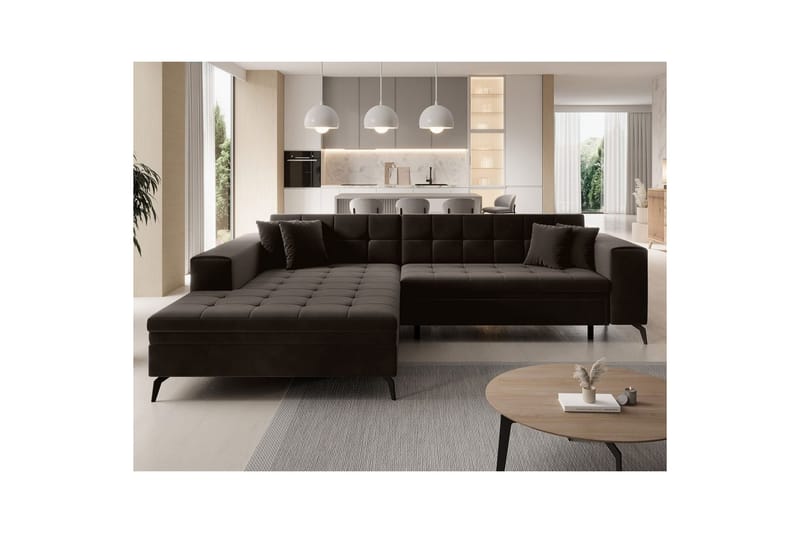 Hörnsoffa Eltap Solange 292x196x84 cm - Mat Velvet 29, Mörkbrun, Vänster - Möbler - Vardagsrum - Bäddsoffor