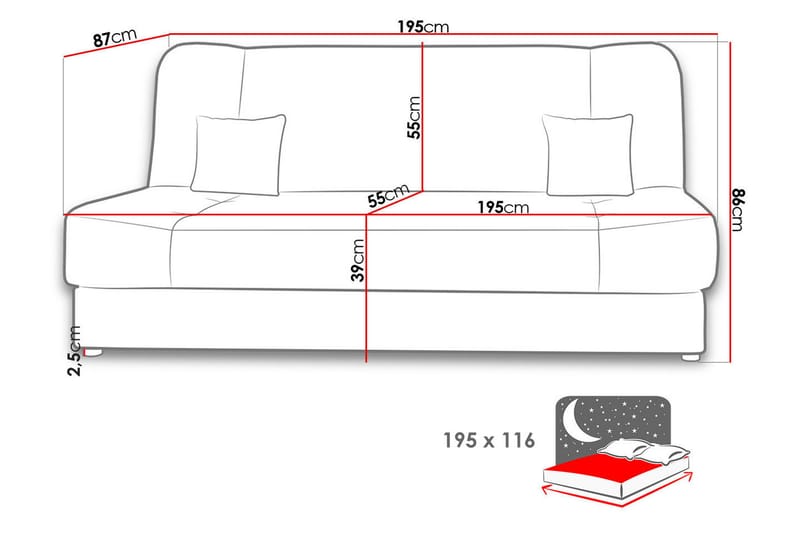 JONAS Bäddsoffa 195x87x86 cm - Grå - Möbler - Vardagsrum - Bäddsoffor
