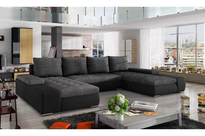 Jurtiga Bäddsoffa med Dubbeldivan - Grå/Svart - Möbler - Vardagsrum - Bäddsoffor - U bäddsoffa