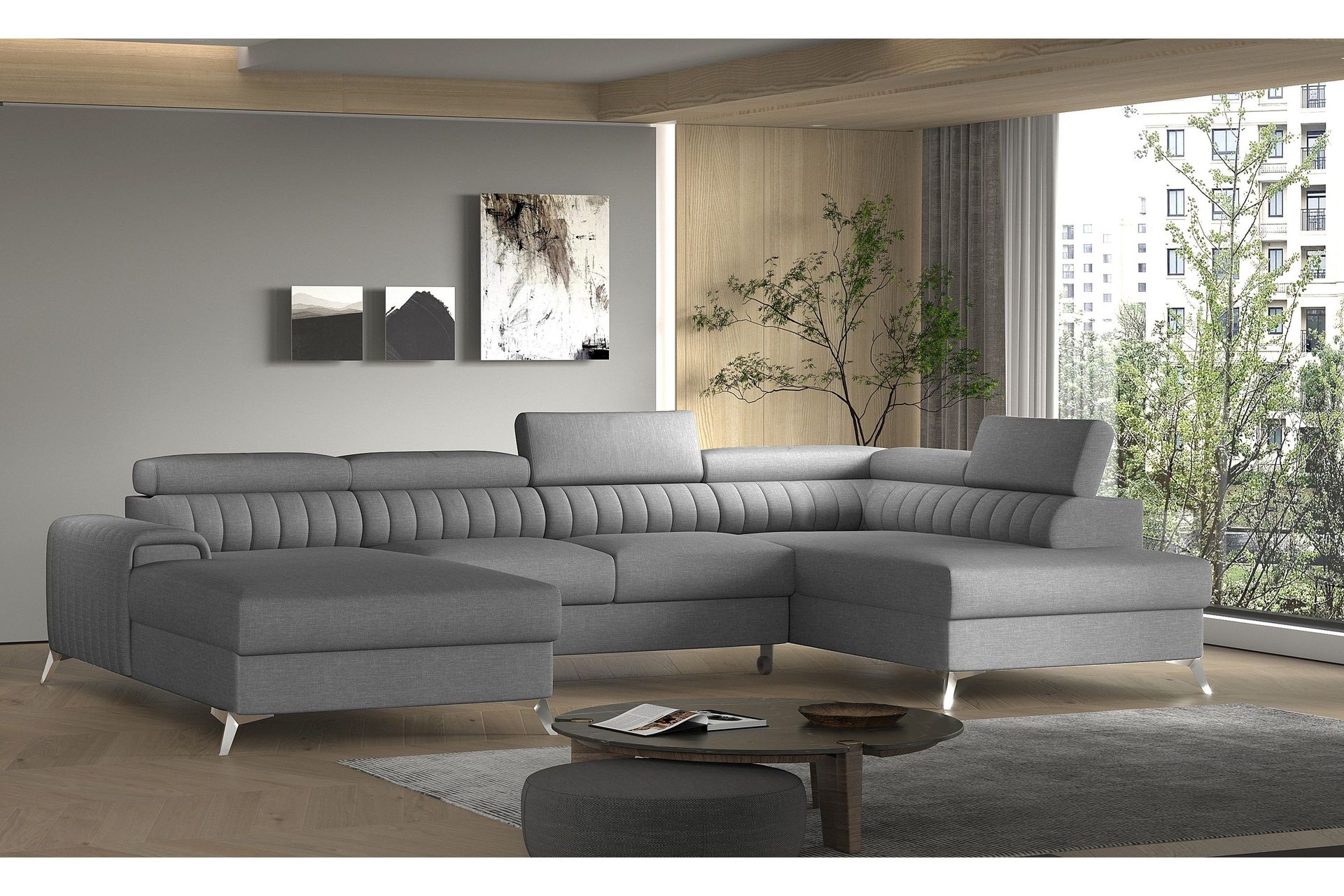 Kamran B&auml;ddsoffa m. Divan och Sch&auml;slong med F&ouml;rvaring - Gr&aring;