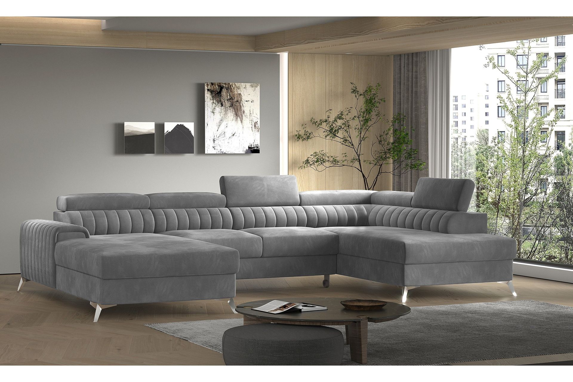 Kamran B&auml;ddsoffa m. Divan och Sch&auml;slong med F&ouml;rvaring - Gr&aring;