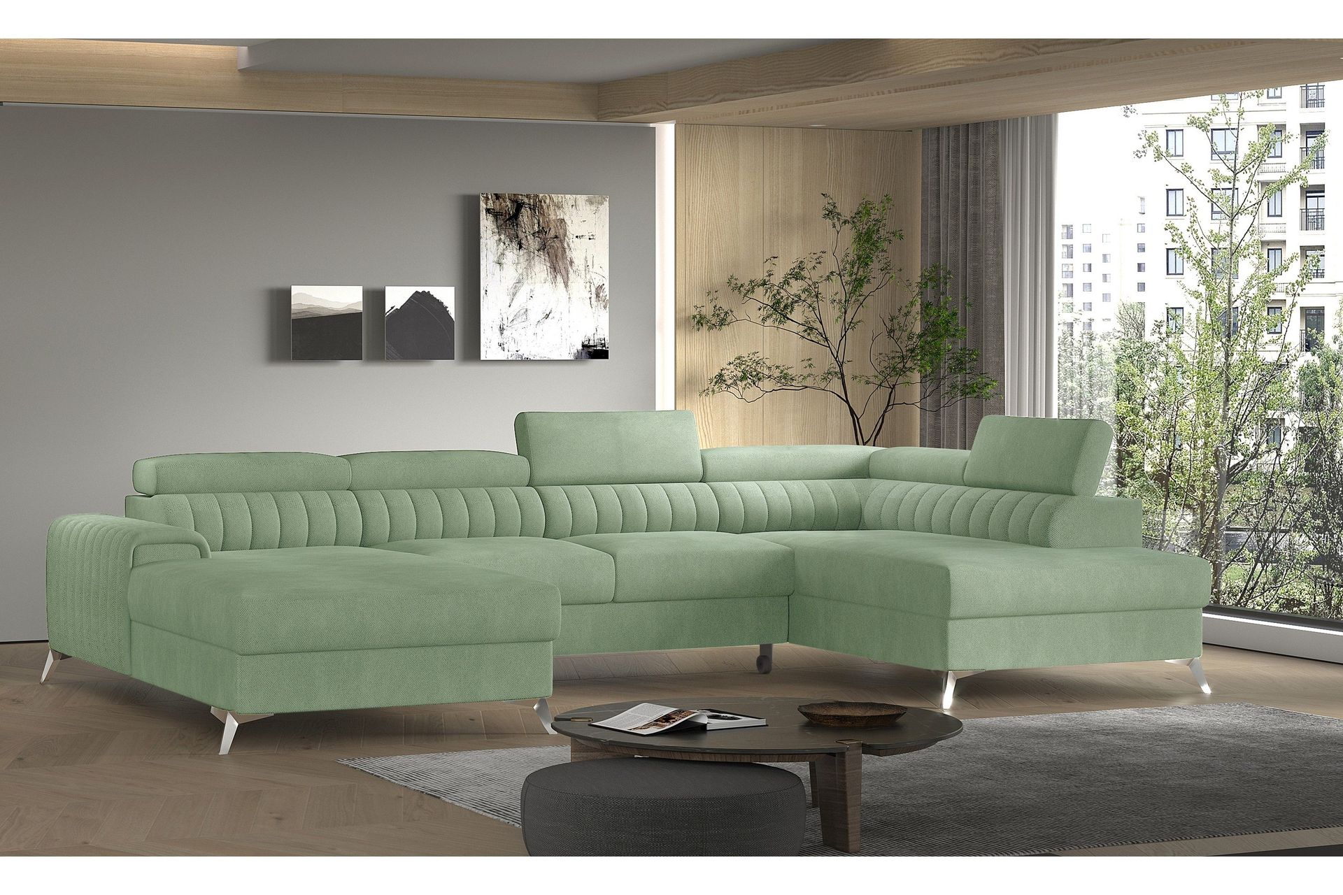 Kamran B&auml;ddsoffa m. Divan och Sch&auml;slong med F&ouml;rvaring - Ljusgr&ouml;n