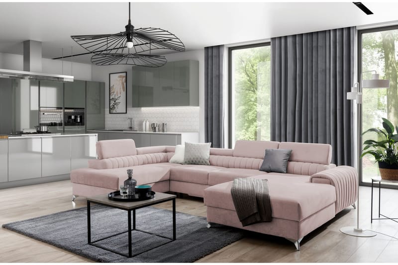 Kamran Bäddsoffa m. Divan och Schäslong med Förvaring - Ljusrosa - Möbler - Vardagsrum - Bäddsoffor - U bäddsoffa