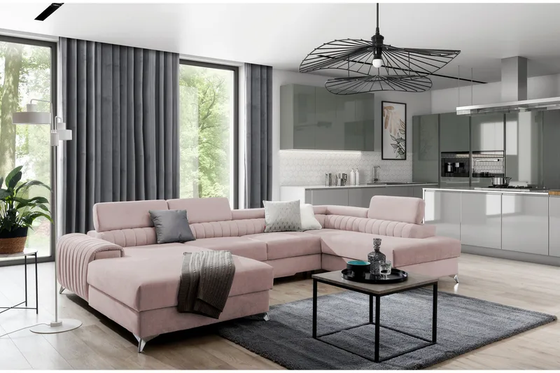 Kamran Bäddsoffa m. Divan och Schäslong med Förvaring, Ljusrosa