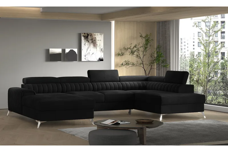 Kamran Bäddsoffa m. Divan och Schäslong med Förvaring, Svart