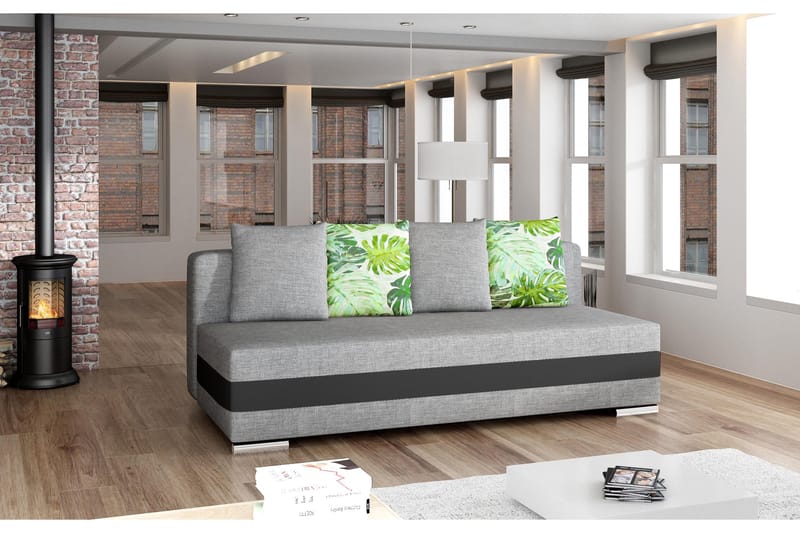 Karolez 3-sits Rektangulär Bäddsoffa med Bladmönstrade Kuddar i Tyg, Ljusgrå