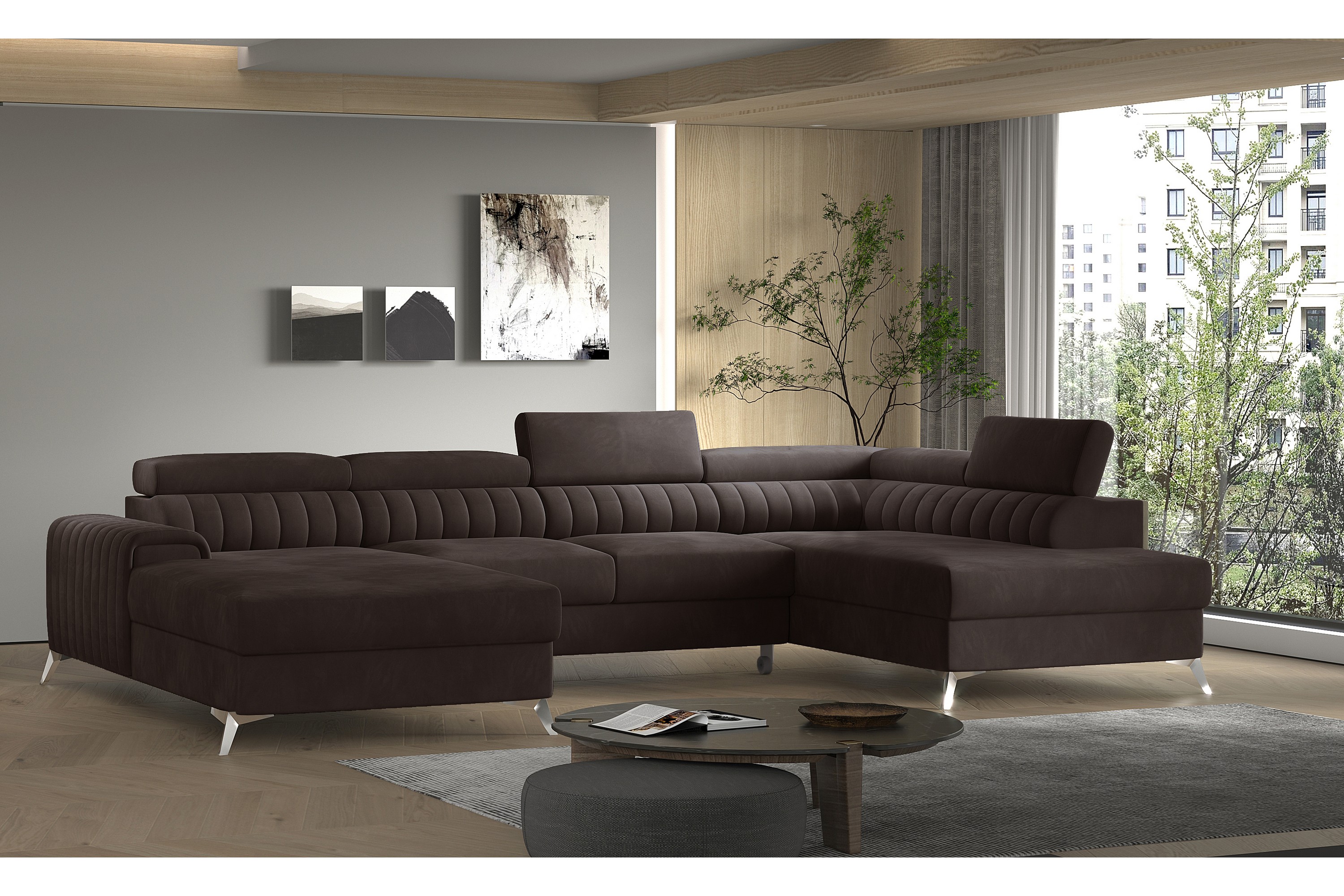 katashi bäddsoffa m. divan och schäslong med förvaring brun -