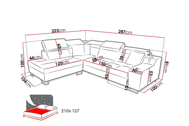 Kazumi Bäddsoffa m. Schäslong 3-sits 210x127 Rosa - Rosa - Möbler - Vardagsrum - Bäddsoffor