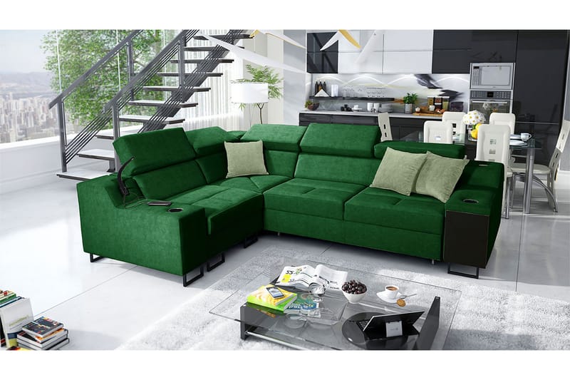 Kazumi Hörnbäddsoffa 4-sits 210x127 Grön - Grön - Möbler - Vardagsrum - Bäddsoffor - Hörnbäddsoffa