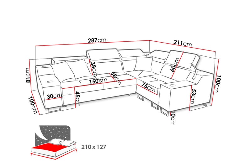 Kazumi Hörnbäddsoffa 4-sits 210x127 Svart - Svart - Möbler - Vardagsrum - Bäddsoffor - Hörnbäddsoffa