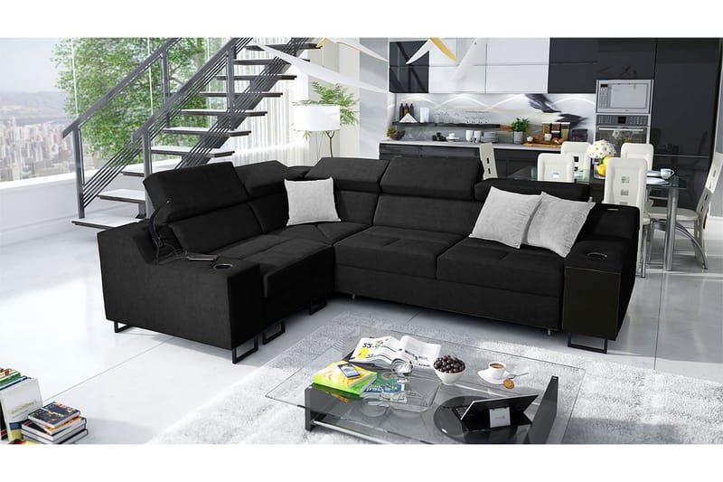 Kazumi Hörnbäddsoffa 4-sits 210x127 Svart - Svart - Möbler - Vardagsrum - Bäddsoffor - Hörnbäddsoffa