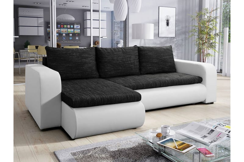 Lecanto 3-sits Universal Hörnbäddsoffa 130x204 cm med Förvaring i Tyg - Svart - Möbler - Vardagsrum - Bäddsoffor