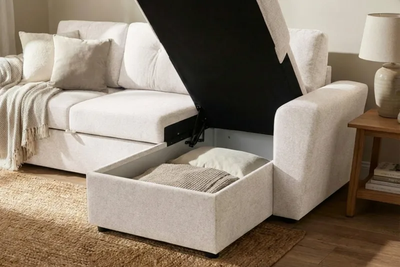 Leia 3-sits vändbar Bäddsoffa med divan och förvaring - Beige - Möbler - Vardagsrum - Bäddsoffor